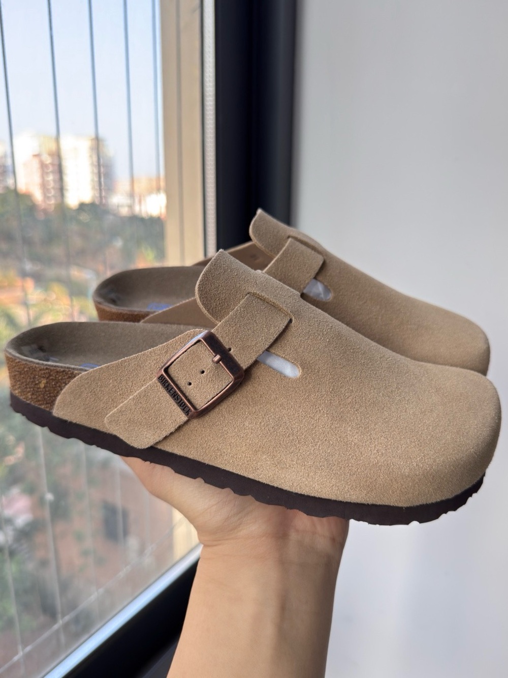 Birkenstock Boston taupe suede mule clogs